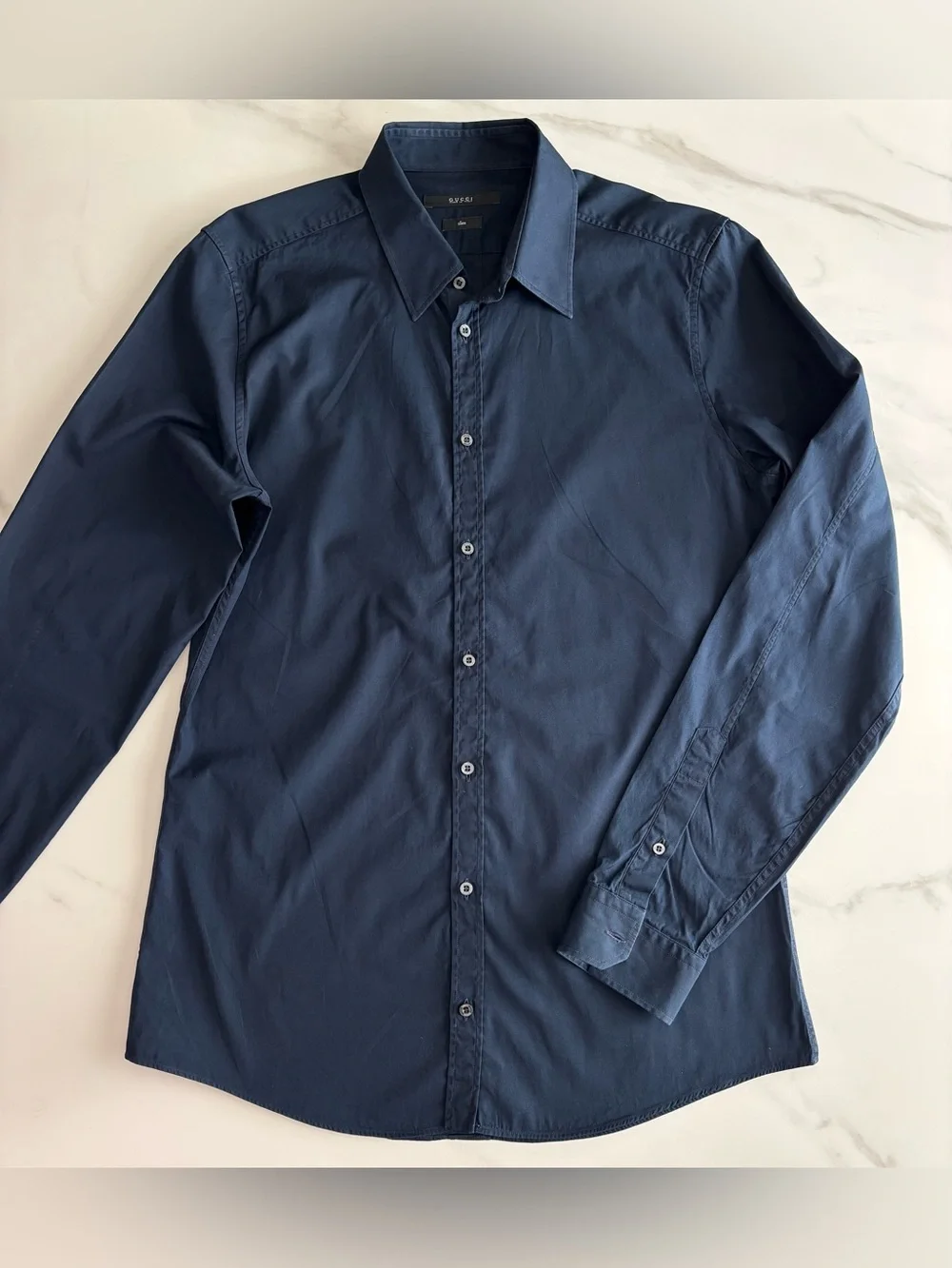 Gucci Men's Dark Blue Button-Front Dress Shirt 40 15 3/4
